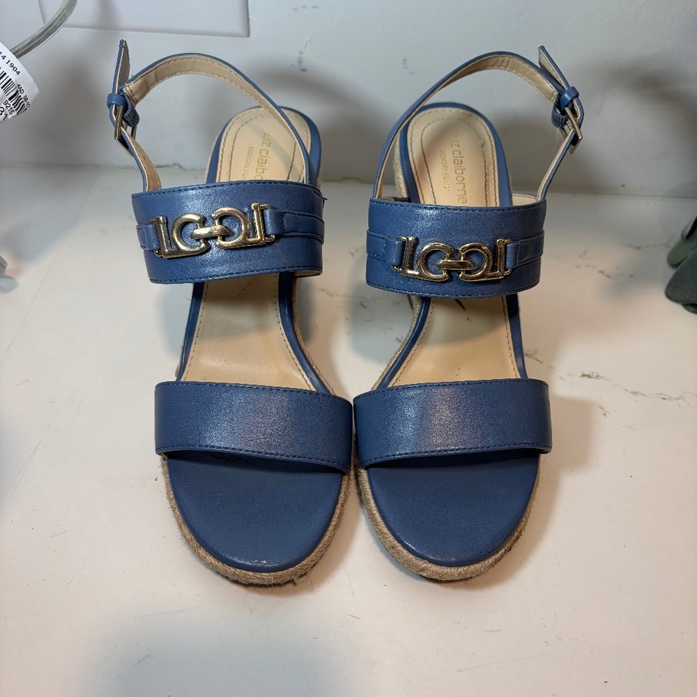 LIZ CLAIBORNE WEDGE SANDALS BLUE FAUX LEATHER SLINGBACK SZ 7